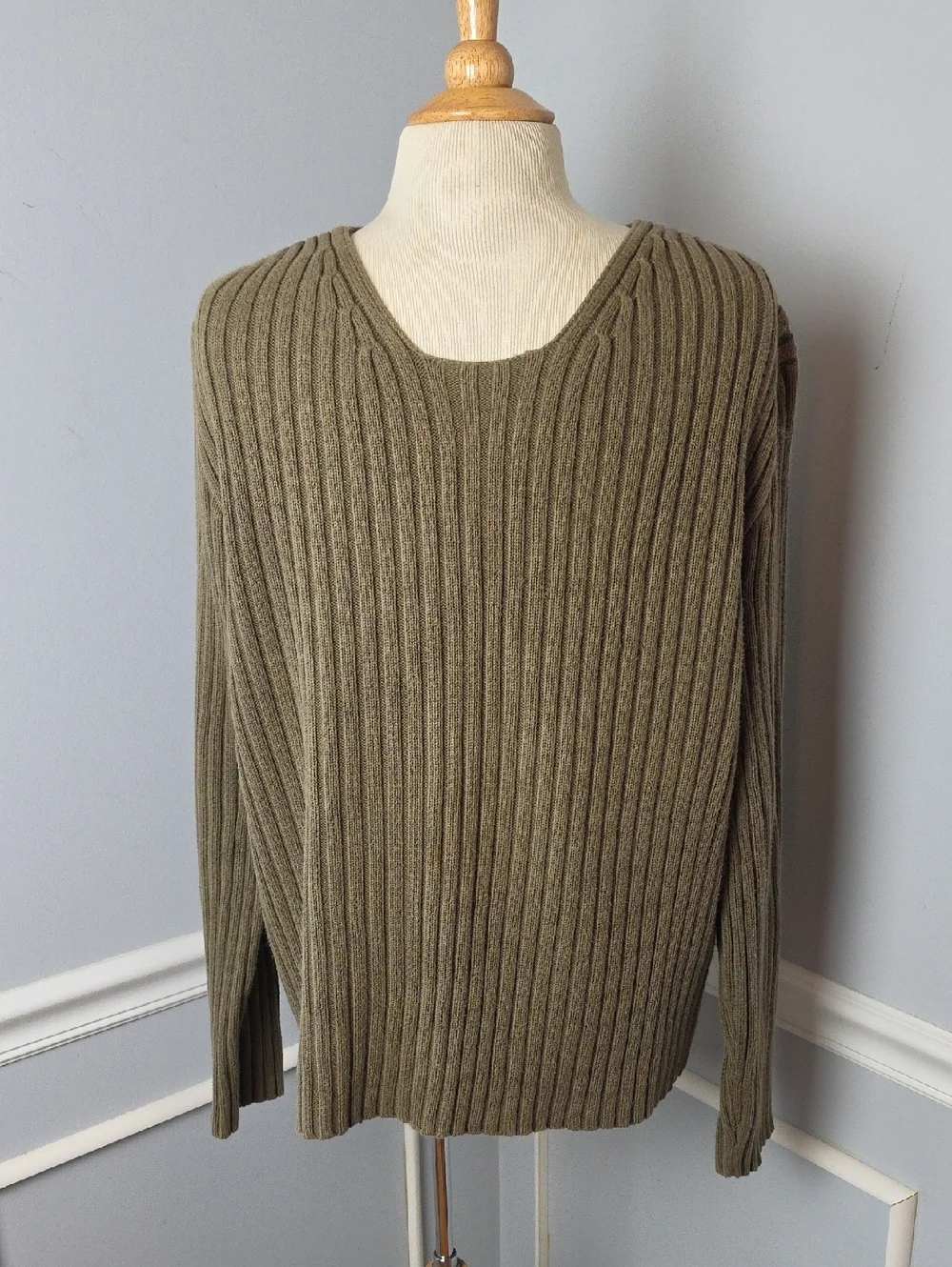J.CREW Men's Olive Green V-Neck Cable Knit Chunky Preppy Y2K Casual Sweater L